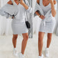 2PCS V Neck Long Sleeve Casual Sweatshirt & Thick Strap Bodycon Dress Set