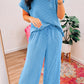 Blue Solid Corded Knit Short Sleeve T Shirt and Wide Leg Pants Set