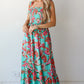 Green Abstract Print Smocked Bodice Knotted Straps Ruffled Maxi Dress