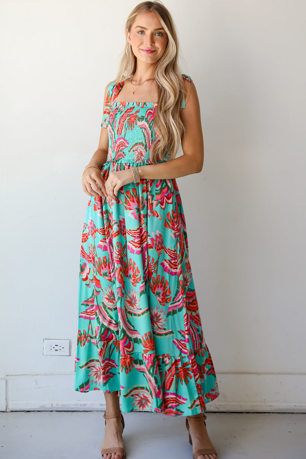 Green Abstract Print Smocked Bodice Knotted Straps Ruffled Maxi Dress