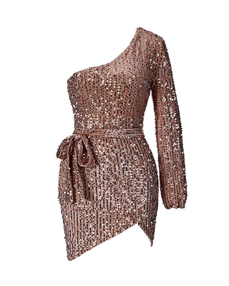 One Shoulder Sequin Tied Detail Bodycon Mini Dress