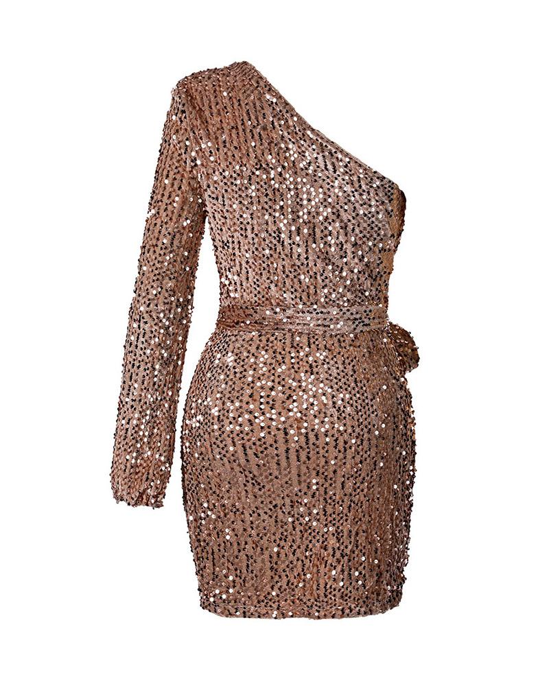 One Shoulder Sequin Tied Detail Bodycon Mini Dress