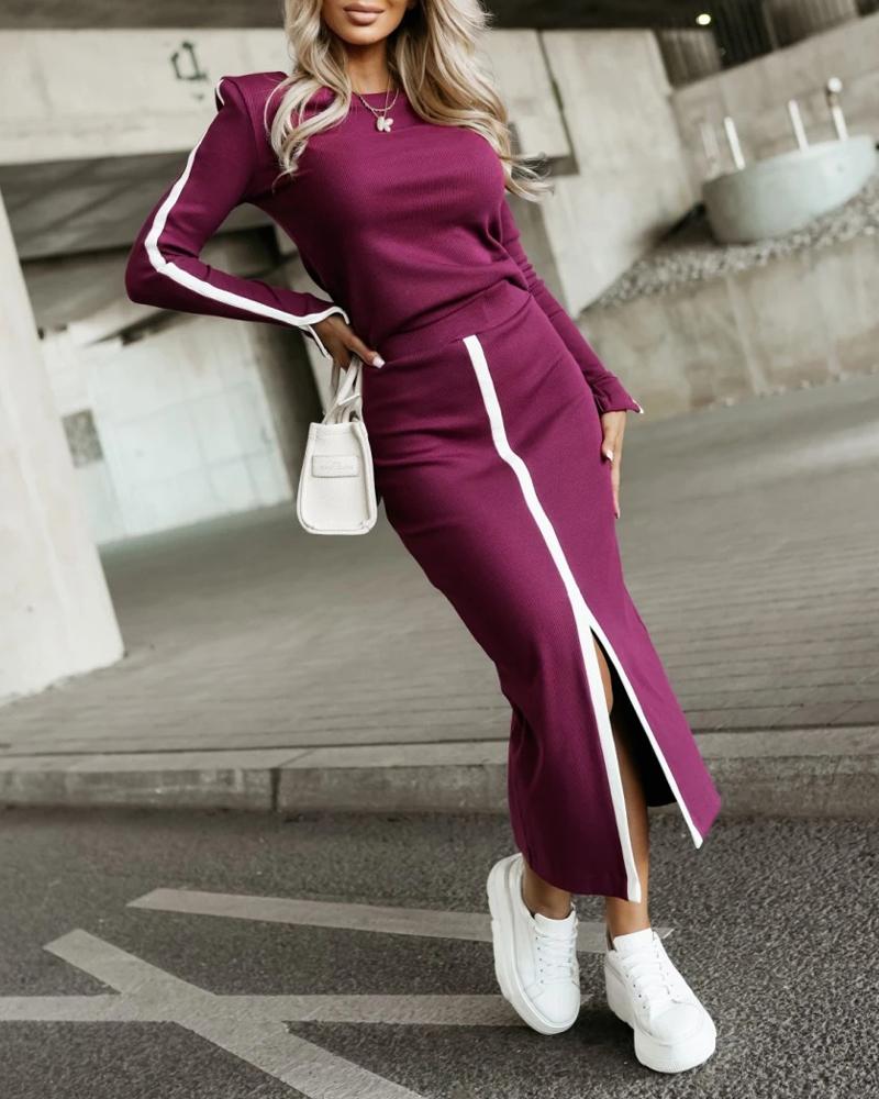 2 Piece O Neck Pullover Casual Top Slit Front Skirt Set Tracksuit