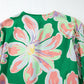 Green Floral Print Button up Pleated Puff Sleeve Loose Shirt