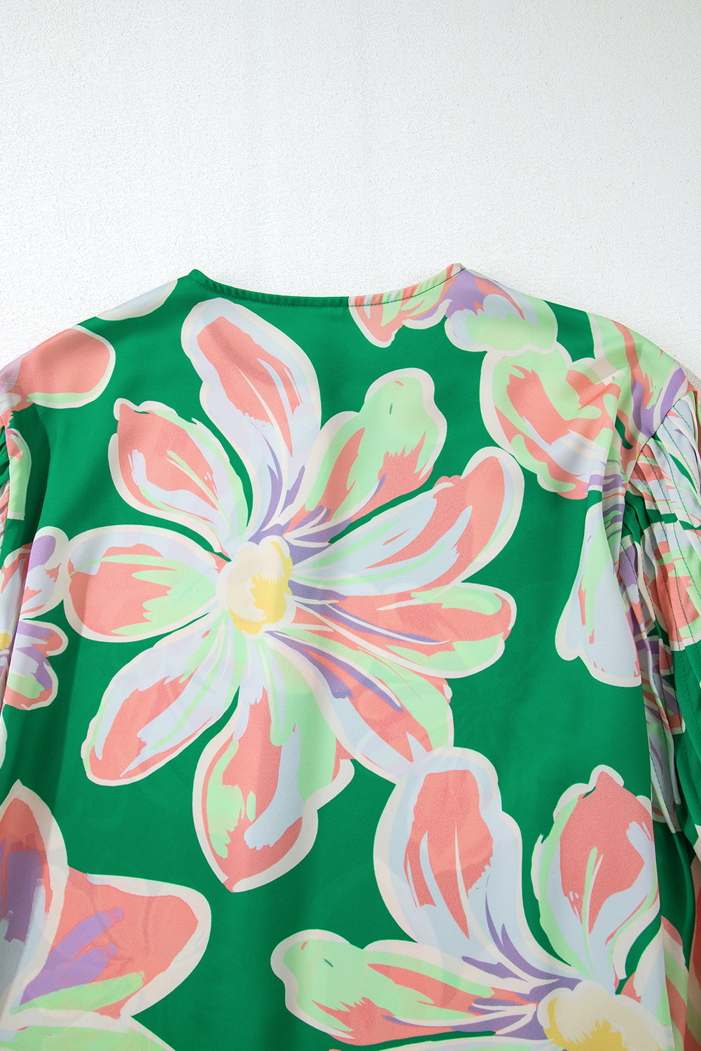 Green Floral Print Button up Pleated Puff Sleeve Loose Shirt