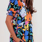 Blue Collared Split Neck Floral Flared Dress