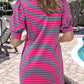 Pink Stripe Collared V Neck Puff Sleeve T Shirt Dress