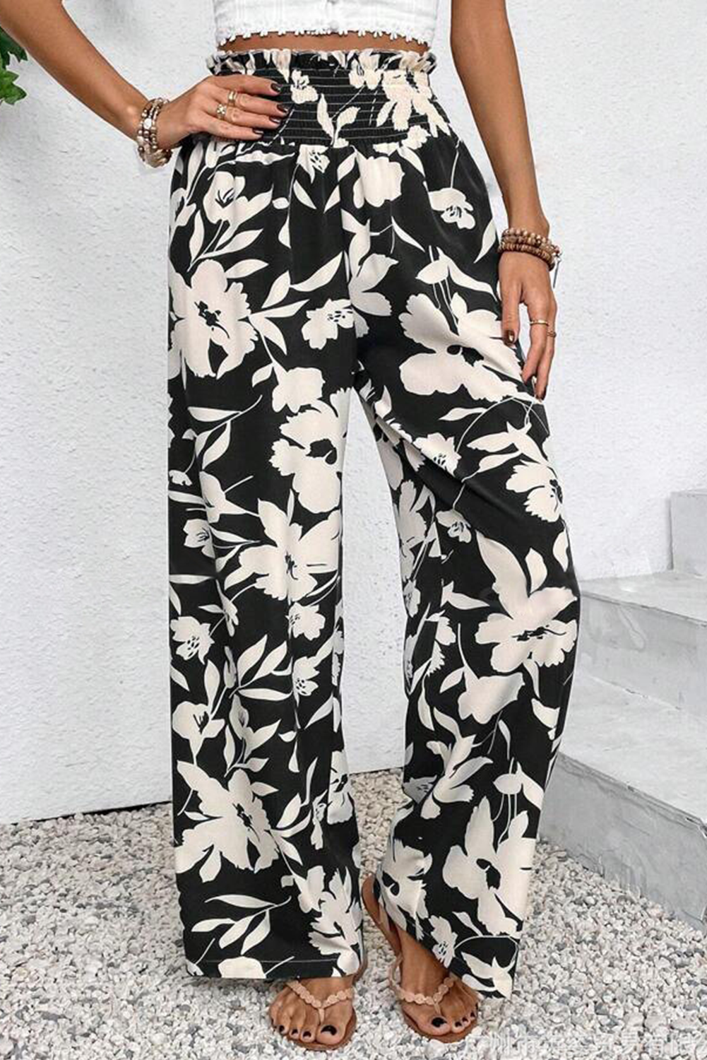 Black Floral Print Smocked High Waist Wide Leg Pants