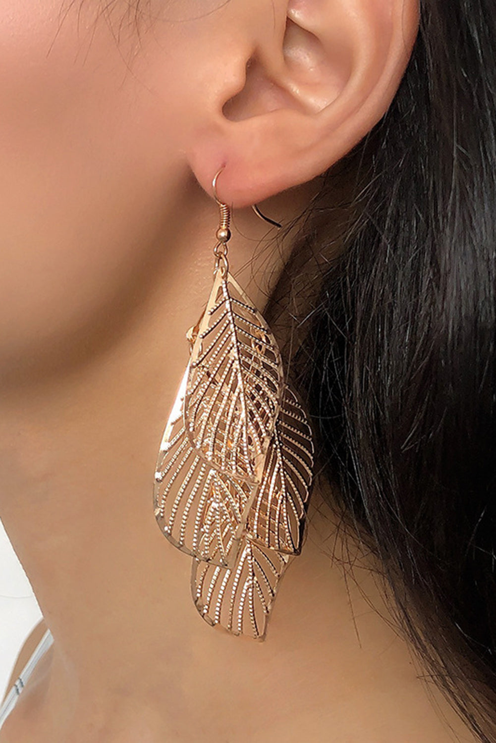 Gold Hollow Out Leaves Plated Alloy Hook Earrings