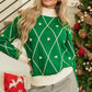 Dark Green Diamond Pattern Pom Accents Contrast Trim High Neck Sweater