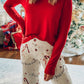 Red Solid Top and Christmas Pants Two Piece Lounge Set