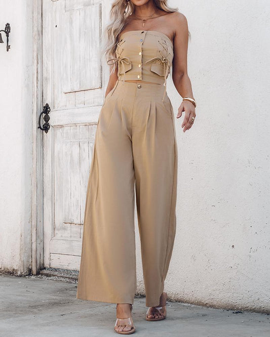 2 Piece Bandeau Sleeveless Shirred Tied Detail Front Button Top High Waist Wide Leg Pants Elegant Pants Set