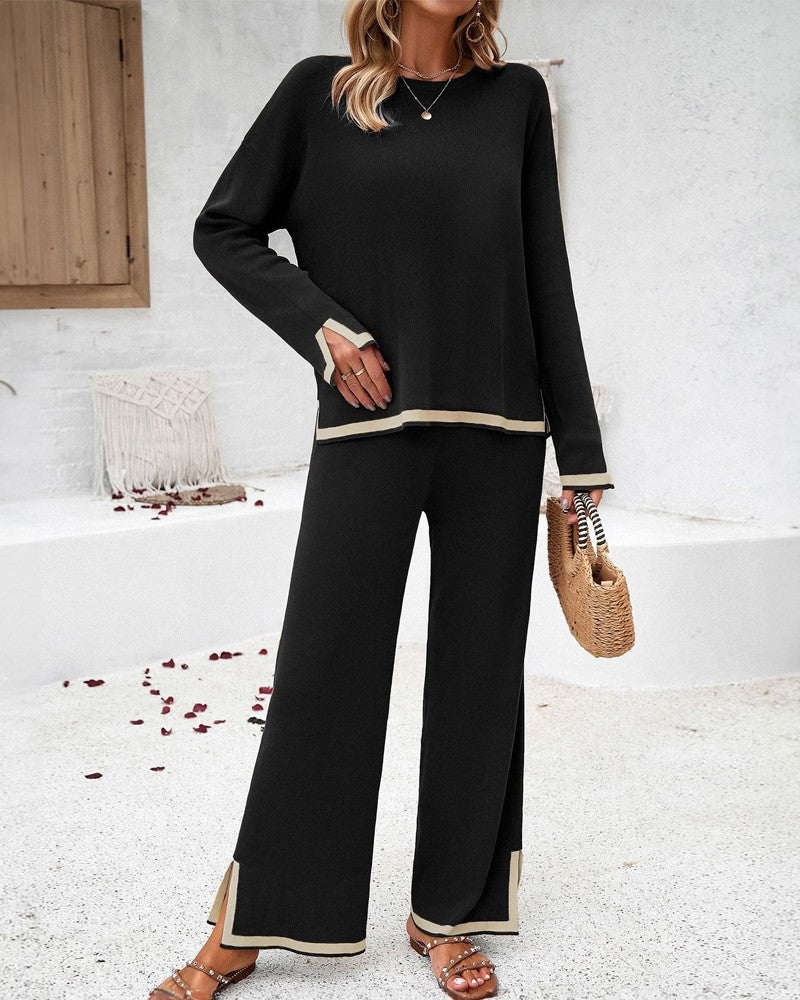 2PCS Round Neck Long Sleeve Slit Top & Straight Leg Pants Set