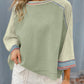 Meadow Mist Green Waffle Knit Wide Bracelet Sleeve Patchwork Raglan Top