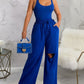 U Neck Bodysuit & Drawstring Cutout Wide Leg Pants Set