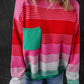 Rose Striped Knit Patch Pocket Drop Shoulder Sweater