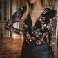 Floral Pattern V Neck Sheer Mesh Patch Contrast Sequin Bodysuit