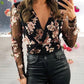 Floral Pattern V Neck Sheer Mesh Patch Contrast Sequin Bodysuit