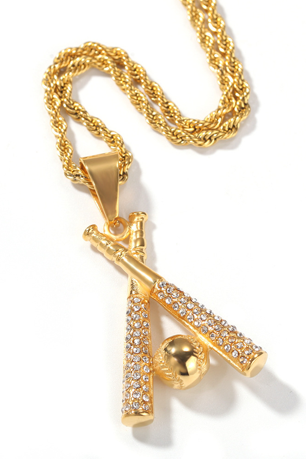 Gold Rhinestone Baseball Pendant Plated Alloy Chain Necklace