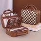 Black Checkered Multiple Compartments PU Leather Cosmetic Bag