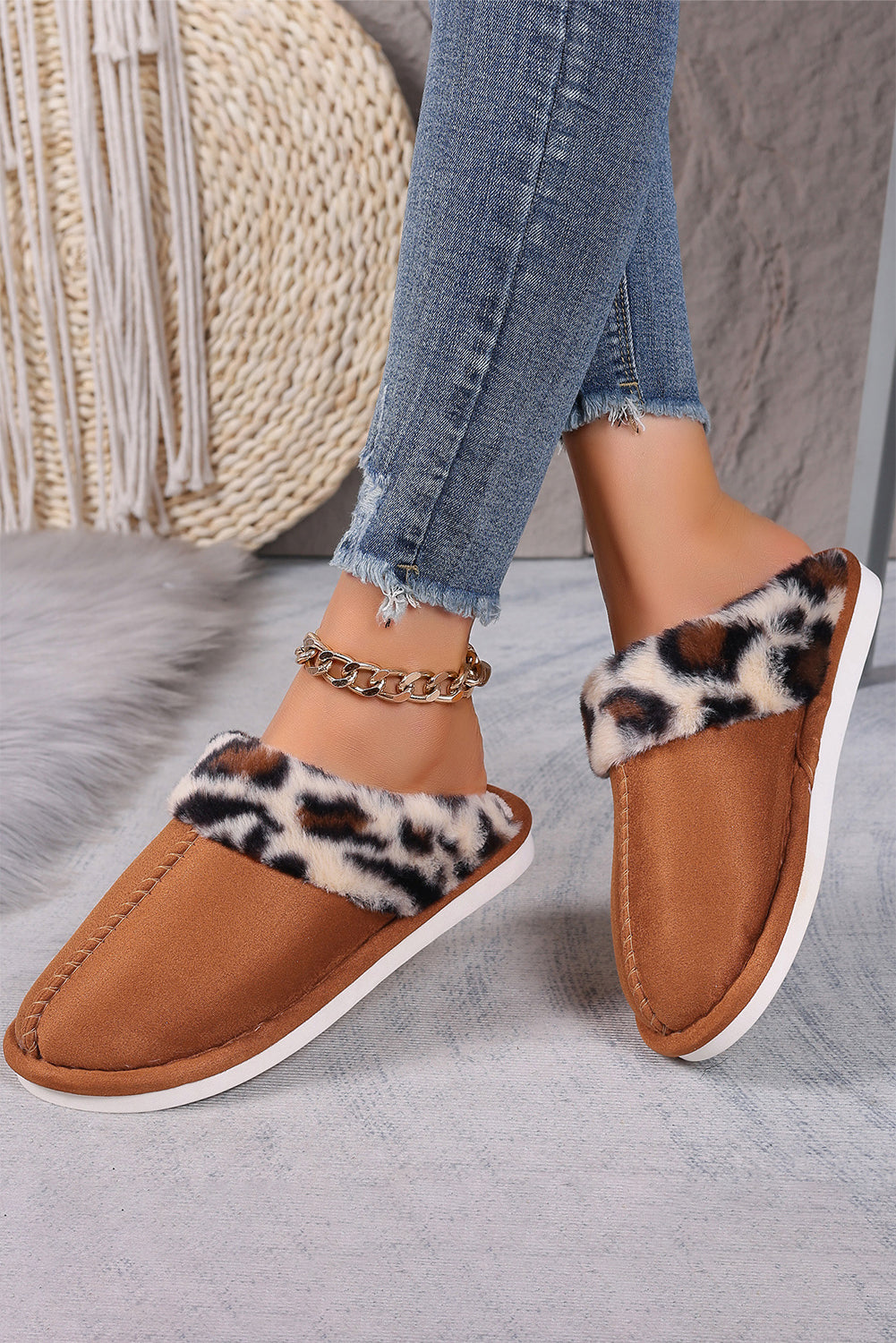 Chestnut Leopard Patched Plush Lined Thick Home Slippers