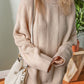 Pale Khaki Solid Color Cable Knit Ribbed Loose Sweater