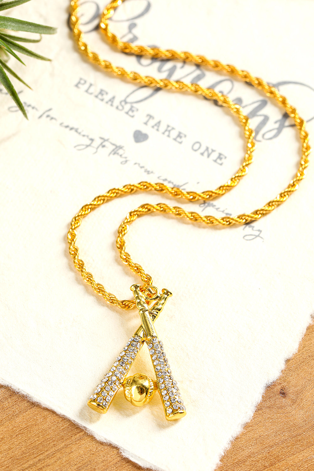 Gold Rhinestone Baseball Pendant Plated Alloy Chain Necklace