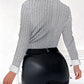 Asymmetrical Neck Long Sleeve Fleece Lined Ribbed Top Button Front Slim Fit Tee