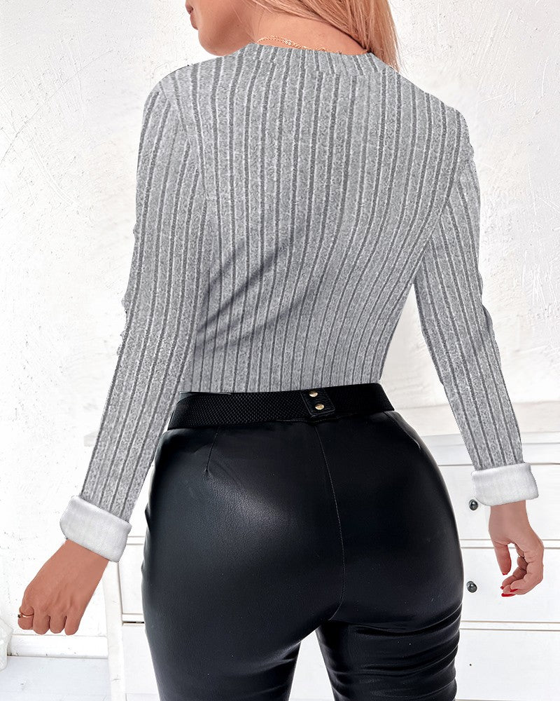 Asymmetrical Neck Long Sleeve Fleece Lined Ribbed Top Button Front Slim Fit Tee