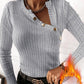 Asymmetrical Neck Long Sleeve Fleece Lined Ribbed Top Button Front Slim Fit Tee