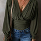 Moss Green Ruched Wrap V Neck Long Sleeve Bodysuit