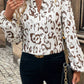 Khaki Leopard Print Split Neck Balloon Sleeve Blouse