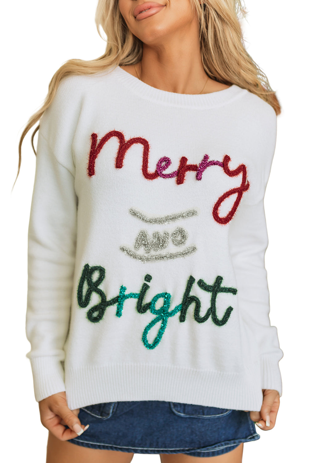 White Tinsel Merry and Bright Graphic Christmas Sweater