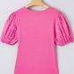 Bright Pink Ribbed Pearl Beaded Puff Sleeve Top