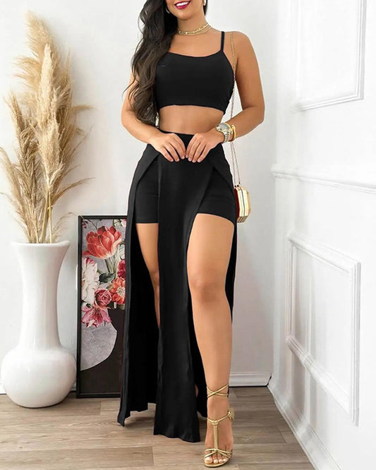 Crisscross Backless Crop Top & Slit Skorts Set