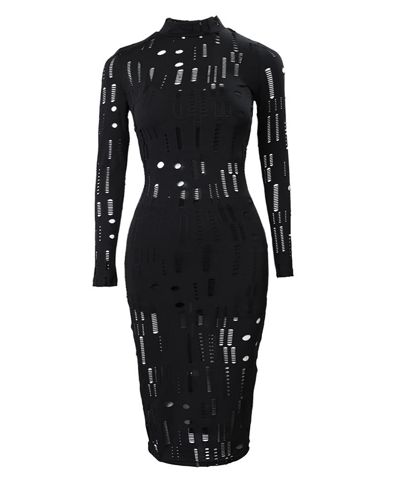 Long Sleeve Hollow Out Ruched Bodycon Dress