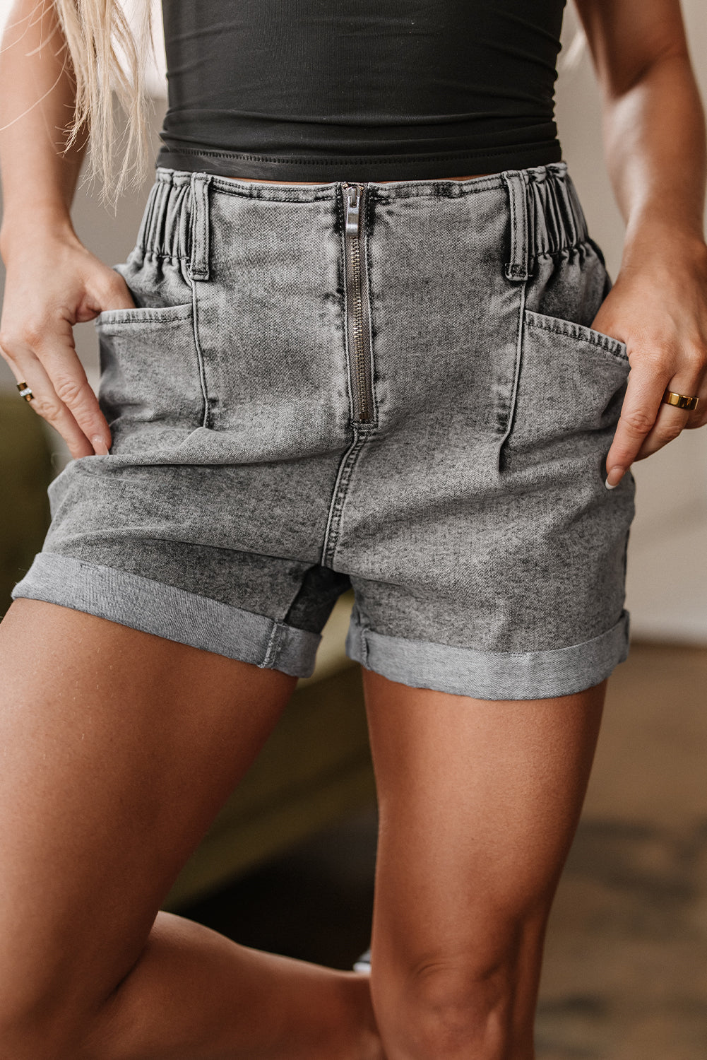 Gray Zipped Light Wash Cuffed Edge Denim Shorts