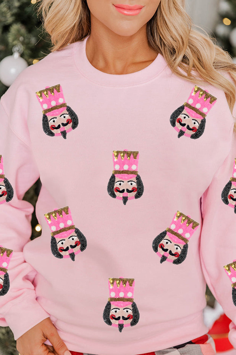 Pink Sequin Nutcracker Graphic Drop Shoulder Christmas Sweatshirt