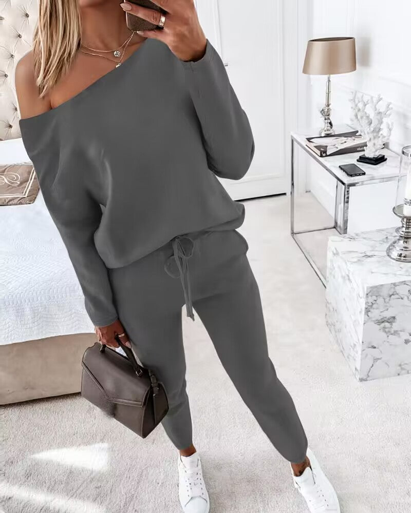 2PCS Solid Skew Neck Long Sleeve Top & Stretchy Waist Pants Set