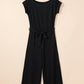 Black Checkered Mesh One Shoulder Short Sleeve Knotted Waist Jumpsuit