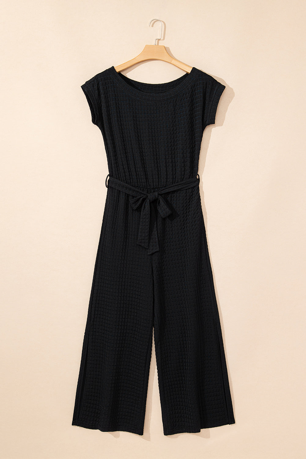 Black Checkered Mesh One Shoulder Short Sleeve Knotted Waist Jumpsuit