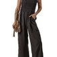 Black Spaghetti Straps Shirred Bodice Pocketed Wide Leg Jumpsuit