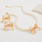 Gold Rhinestone Pearl Bow Decor Plated Necklace and Earrings Set