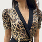 Leopard Pattern Contrast Sequin Deep V Neck Short Puff Sleeve Jumpsuits Metal O Ring Decor Casual Flared Overalls