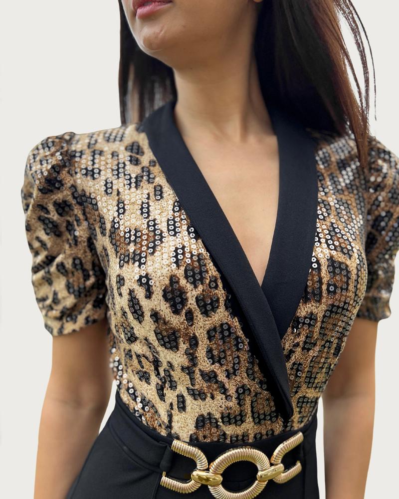 Leopard Pattern Contrast Sequin Deep V Neck Short Puff Sleeve Jumpsuits Metal O Ring Decor Casual Flared Overalls