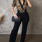 Leopard Pattern Contrast Sequin Deep V Neck Short Puff Sleeve Jumpsuits Metal O Ring Decor Casual Flared Overalls