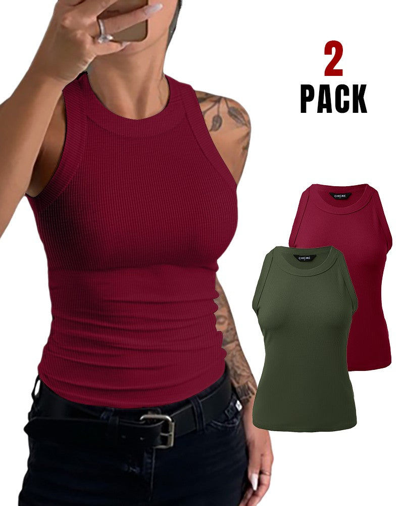 2 Pack Round Neck Thick Strap Racerback Ribbed Tank Slim Fit Tops without Bra Pads