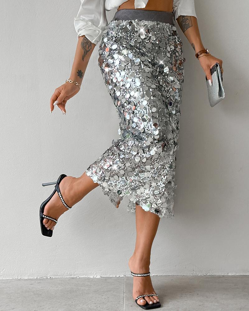 Allover Sequin Fashionable Midi Calf Skirt