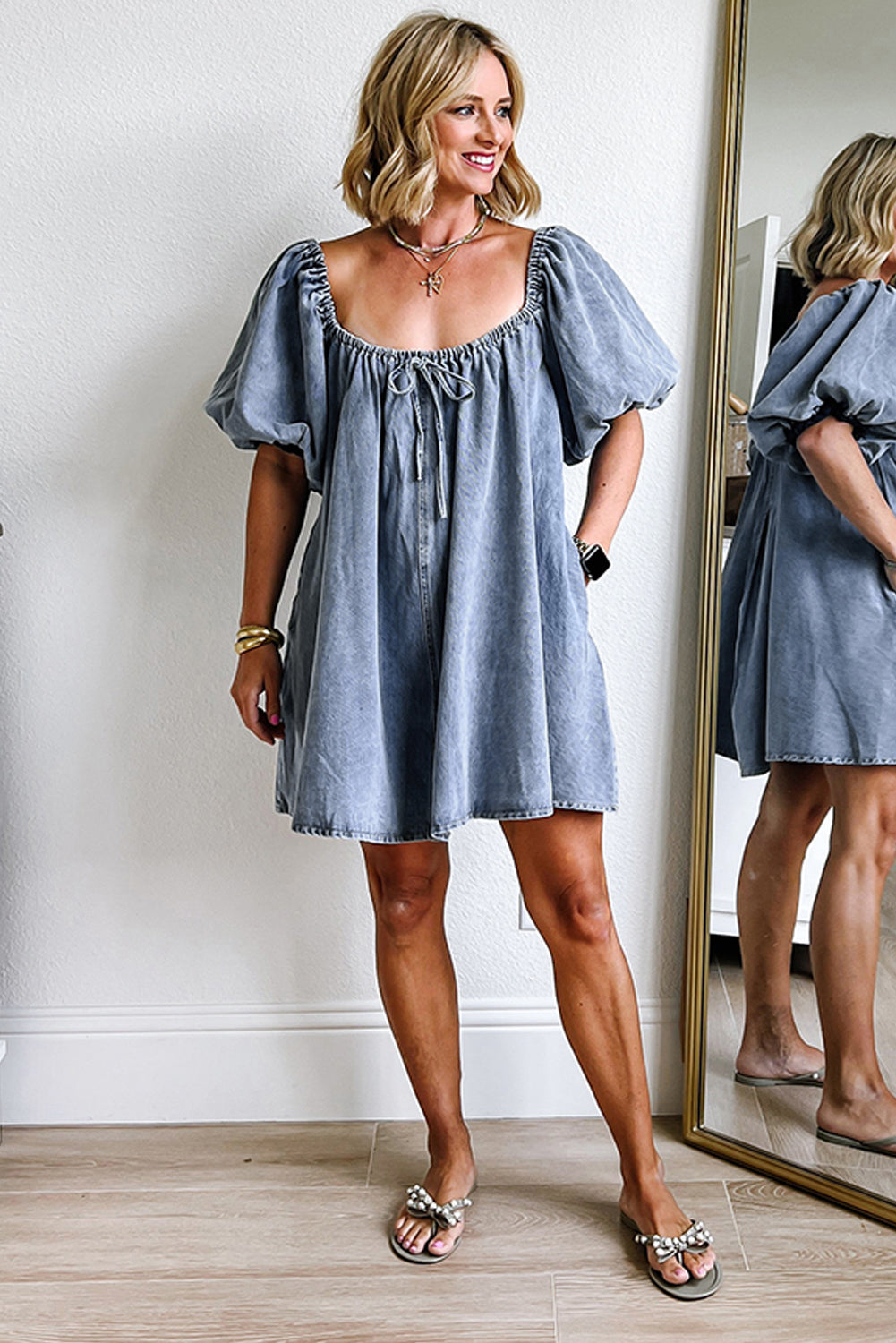 Myosotis Bubble Sleeve Square Neck Denim Babydoll Dress