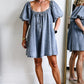 Myosotis Bubble Sleeve Square Neck Denim Babydoll Dress